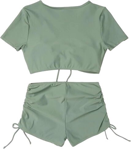 Lilosy High Waisted Tummy Control Drawstring Bikini Set Srting Swimsuit Short Sleeve Top and Tie Side Shorts 2 Piece in Saudi Arabia