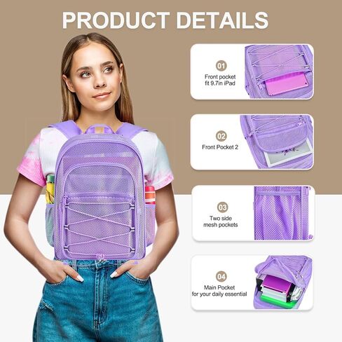 Busiuw Heavy Duty Mesh Backpacks for Adults, Large Capacity Mesh Bookbag | Lightweight College Student See Through Bags with Paddle Straps for Swimming, Fitness, Sports in Kuwait