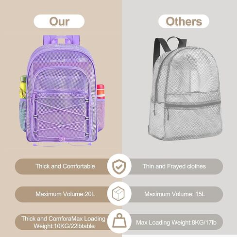 Busiuw Heavy Duty Mesh Backpacks for Adults, Large Capacity Mesh Bookbag | Lightweight College Student See Through Bags with Paddle Straps for Swimming, Fitness, Sports in Kuwait