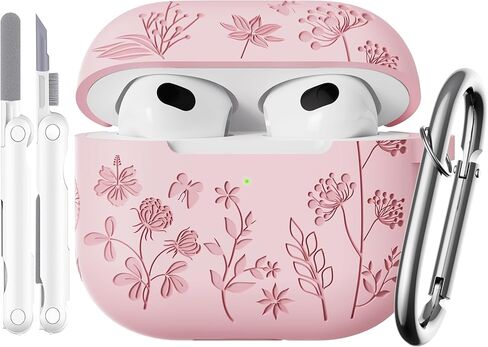 for Airpods 3rd Generation Case - Flower Engraved Soft Silicone Case Compatible with Airpods Case 3rd Generation - Cute Case for Airpod 3rd Generation with Cleaner Kit & Keychain (Pine Green) in Saudi Arabia