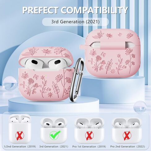 for Airpods 3rd Generation Case - Flower Engraved Soft Silicone Case Compatible with Airpods Case 3rd Generation - Cute Case for Airpod 3rd Generation with Cleaner Kit & Keychain (Pine Green) in Saudi Arabia