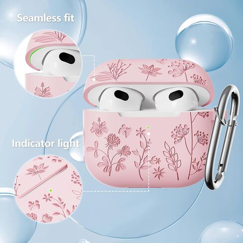 for Airpods 3rd Generation Case - Flower Engraved Soft Silicone Case Compatible with Airpods Case 3rd Generation - Cute Case for Airpod 3rd Generation with Cleaner Kit & Keychain (Pine Green) in Saudi Arabia
