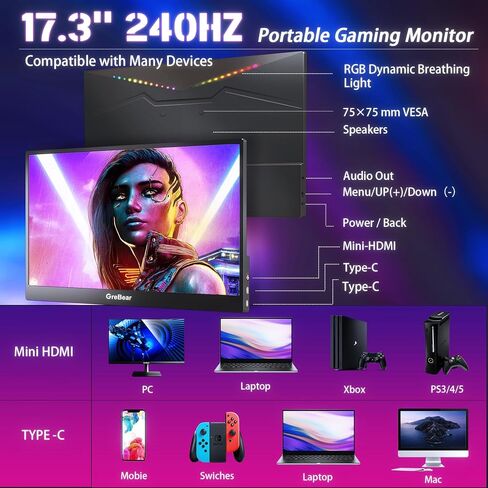 𝟮𝟰𝟬𝙃𝙕 17.3" Portable Gaming Monitor 1080P HDR 𝙄𝙋𝙎 Screen 𝙍𝙂𝘽 𝘿𝙮𝙣𝙖𝙢𝙞𝙘 𝘽𝙖𝙘𝙠𝙡𝙞𝙜𝙝𝙩 HDMI USB-C Laptop Display Extender, PC Second Screen w/Cover & Speakers for Switch PS4/5 VESA in Kuwait