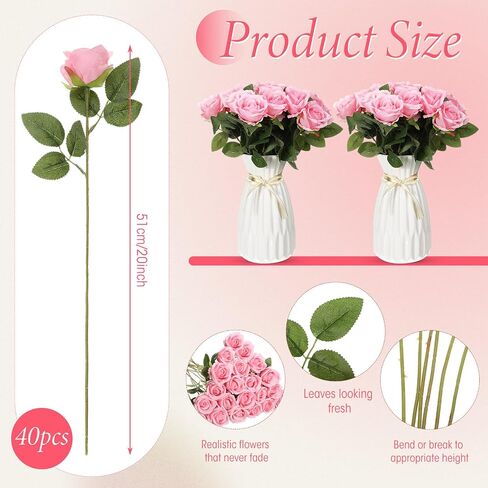 Hotop 40 Pcs Rose Artificial Flowers Bulk with Long Stem, Bouquet Roses, Realistic Silk Fake Roses for Home Wedding Centerpieces Party Table Decoration Valentine's Day Gifts(Wine Red) in Saudi Arabia