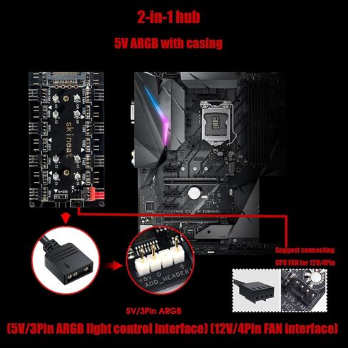 ARGB and PWM hub12V 4Pin PWM & 5V 3Pin ARGB with SATA Power 2-in-1 Hub 8 Way Sync CPU Cooling Chassis Fan Hub Addressable RGB Lighting for Extended Motherboard Interface (12V 4pin (2-in-1)) in Kuwait