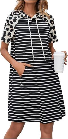 SweatyRocks Women's Leopard Print Striped Hooded Dress Short Sleeve Knee Length Dresses with Pocket in Saudi Arabia