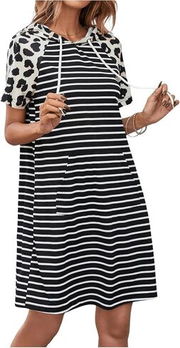 SweatyRocks Women's Leopard Print Striped Hooded Dress Short Sleeve Knee Length Dresses with Pocket in Saudi Arabia