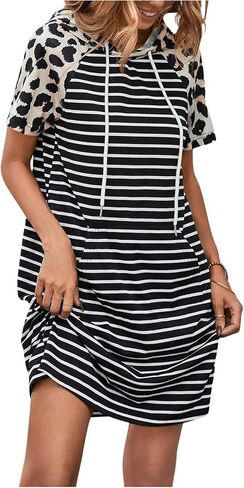 SweatyRocks Women's Leopard Print Striped Hooded Dress Short Sleeve Knee Length Dresses with Pocket in Saudi Arabia