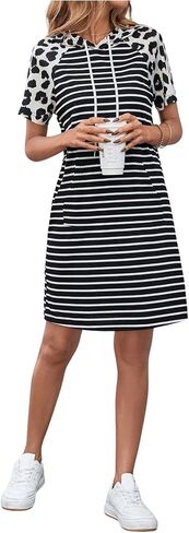 SweatyRocks Women's Leopard Print Striped Hooded Dress Short Sleeve Knee Length Dresses with Pocket in Saudi Arabia