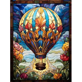 Stained Glass Hot Air Balloon 5D Diamond Art Painting Kits Round Full Drill Diamond Art DIY Gems Paint by Diamond Number Kits for Beginners Crystal Cross Stitch for Wall Decoration 12x16inch