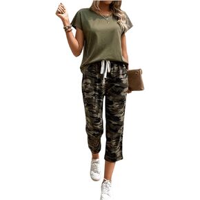 SOLY HUX Women's Casual 2 Piece Tracksuit Short Sleeve T-Shirt and Camo Pants Set Summer Outfits