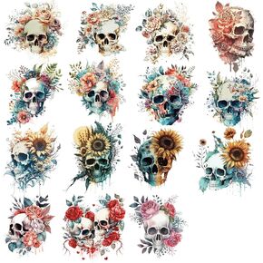 15Pcs Flower Skull Iron on Transfers Horror Goth Punk Skeleton Vinyl Heat Transfer Iron on Stickers for T-Shirt Clothing Jacket Hat Backpacks DIY