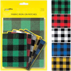 ZEFFFKA Premium Quality Large Plaid Tartan Fabric Iron-on Patches Inside & Outside Strongest Glue 100% Cotton Repair Decorating Kit Jeans Modern Cool Design 5 Pieces Size 5" by 7" (13 cm x 18 cm)