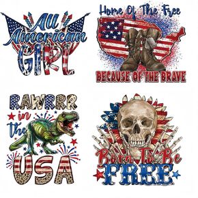 FULANSI 4thof July Iron on Transfer Decals Patriotic Memorial Day Washable Heat Transfer Vinyl Sticker American Flag Iron On Patches Independence Day Decorations for T-Shirt Bag Craft Supplies 4pcs