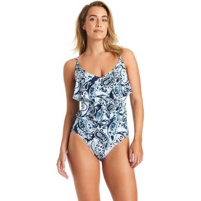 ELLEN TRACY Mio Over The Shoulder Slimming Swimsuit, Double Tier Ruffled One Piece Bathing Suit for Women