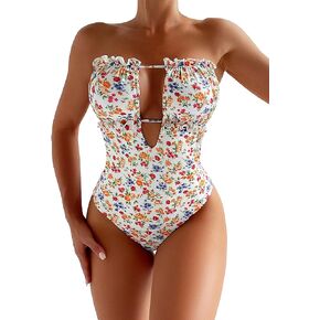 WDIRARA Women's 2024 Summer Floral Print Ruffle Trim Cut Out Bandeau One Piece Swimsuit Strapless Monokini Bathing Suit