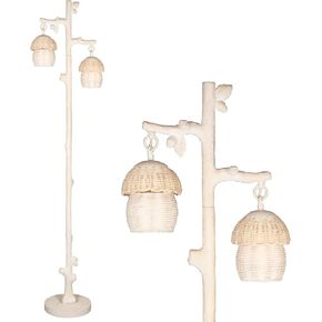 Rattan Floor Lamp with Faux Wood Finish, Boho Floor Lamps with Faux Pinecone and Leaves Decor, Beige