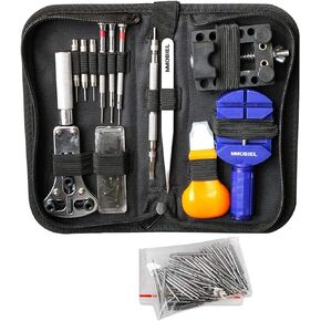 MMOBIEL 144 PCS PROFESSIONAL Watchmaker Repair Tool Kit Incl Watch Spring Pin Bars and Back Case Opener Screw Wrench for inserting batteries in Nylon Bag