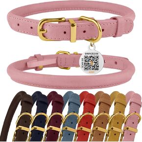 BRONZEDOG Rolled Leather Dog Collar with QR ID Tag Adjustable Soft Round Collars for Small Medium Large Dogs Puppy Cat (7" - 10" Neck Size, Black Night)