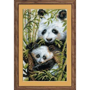 RIOLIS 1159 - Panda with Young - Counted Cross Stitch Kit 8¾" x 15" Zweigart 10 ct. Flaxen AIDA 15 Colors