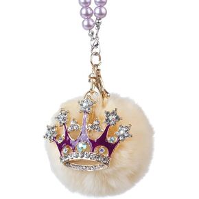MINI-FACTORY Car Mirror Hanging Accessories, Auto Rearview Mirror Bling Decoration Fluffy Luxury Diamond Crown with Pearl Chain for Car/Office/Home (White)