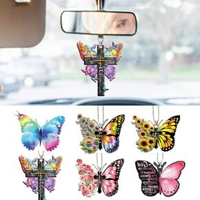 Cute Butterfly Car Hanging Ornament, Acrylic Car Rear View Mirror Charms, Bag Keychain Accessory Cross Car Interior Ornament