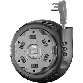 KMC 6-Outlet Surge Twist Cord Reel Retractable Power Strip Surge Protector, 1085J Surge Protection, 8ft 14/3 Retractable Extension Cord, 3-Prong Low-Profile Flat Plug, UL/ETL Certified, Gray