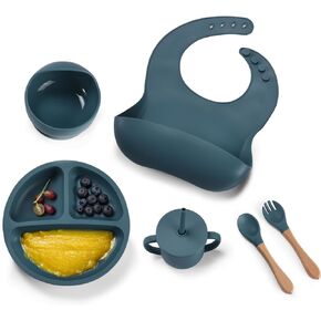 Childlike Behavior Baby Blue Weaning Set of 6 - Silicone Feeding - Self Feeding Baby Wooden Fork and Spoon, Plates, Bibs, Easy to Grip, Dishes and Cups - Elephant Eating Learning Essentials