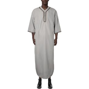 Mens Kaftan Thobe V-Neck Half Sleeve Muslim Robe Dubai Long Gown Saudi Arab Thobe Robes for Summer Beach