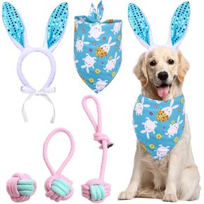 Dog Easter Bunny Costume, 5 Pieces Sequin Pet Rabbit Ears Headband Headwear, Rabbit Egg Bandana, Teething Chew Rope Ball Toy Set, Dog Easter Costumes for Small Medium Dogs Puppy Party Accessory (Blue) in Kuwait