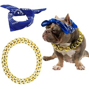 2Pack Dog Costume Set, Adjustable Gold Plated Dog Chain Collar and Headband for Dogs Square Satin Head Scarf Head Cover Puppy Bathroom Apparel Party Costume Accessories in Kuwait
