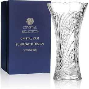 CS Crystal Vase 12-inch high, Sunflower Design, for Flowers & Decor. Lovely Nice Shiny Piece. Perfect as a Gift, Suitable for All Occasions.