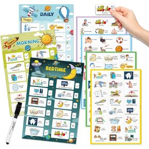 JJPRO Dry Erase Bedtime/Daily/Morning All in One Routine Chart for Kids, Reusable Daily Schedule Chart for Kids,Toddler Checklist for Home,Non-Magnetic Board Clings to Any Smooth Surfaces-Outer Space
