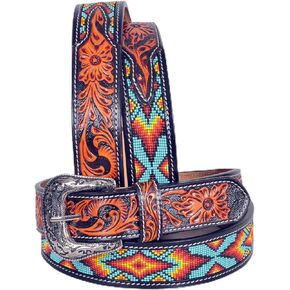 Western Tooled Leather Beaded Belt For Men and Women 30IS109
