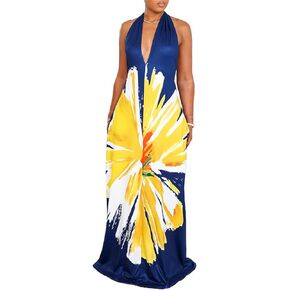 Womens Sexy Sleeveless Deep V Neck Lae Up Halter Big Flower Printed Party Clubwear Long Dress