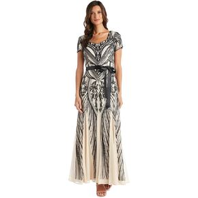 R&M Richards Womens Sequined Belted Evening Dress