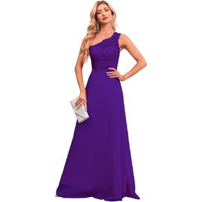 Women's One Shoulder Bridesmaid Dresses Lace Appliques Chiffon Long Formal Dress with Pockets HS028