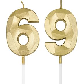 69th & 96th Birthday Candles for Cake, Gold Number 69 96 3D Diamond Shaped Candle Birthday Decorations Party Supplies for Women or Men