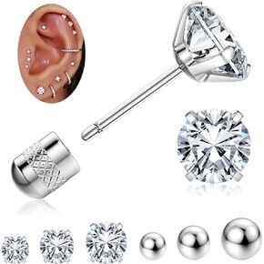 Jstyle 6 أزواج صغيرة من الأقراط ذات الظهر المسطح، 20 جرام لا تسبب الحساسية 5A مكعب زركونيا أقراط ترصيع ثقب النائم مجوهرات للأذنين الحساسة، مجموعة أقراط جراحية من الفولاذ المقاوم للصدأ للنساء والرجال
