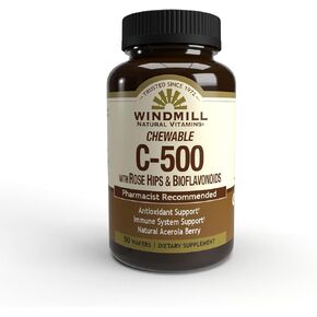 Windmill Natural Vitamins Vitamin C 500 mg, with Rose HIPS and Bioflavonoids, Immune Booster, Antioxidant Support, Chewable Tablets, Acerola Berry, 50 Tablets, 50 Servings