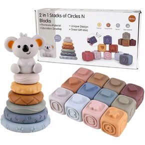 Soft Stacking Building Blocks Rings Sets, Montessori Toys for Babies 06-18 Months,Early Learning Toys for 6 Months and up Toddlers, Squeeze Stacker&Teething Toys for Babies 19 PCS