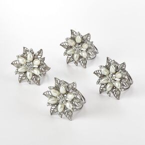 SARO LIFESTYLE Collection Floral Bejeweled Design Napkin Rings (Set of 4), 1.5", Silver, (NR107.S)