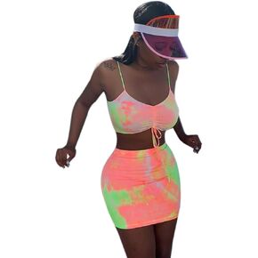 ANKOMINA Women's 2 Pieces Outfit Sexy Rainbow Tie-Dye Bodycon Spaghetti Strap Crop Top Mini Skirt Set Party Clubwear Dress