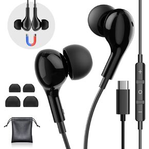 USB C Headphones Wired Earphones for Samsung Galaxy S24/S23/S22/S21 Ultra for iPhone 15 Pro Wired Earbuds with Mic Volume Control Stereo Noise Cancelling Type C Earbuds for Pixel 8/Oneplus 12, Black