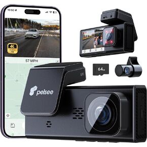 4K 3 Channel Wi-Fi Dash Cam, Free 64GB Card, Pelsee P2 Trio 2160P+1080P+1080P Front and Rear Inside, 5G WiFi Dash Camera for Cars, Dashcam with GPS, IR Night Vision, Voice Control, 24H Parking Mode