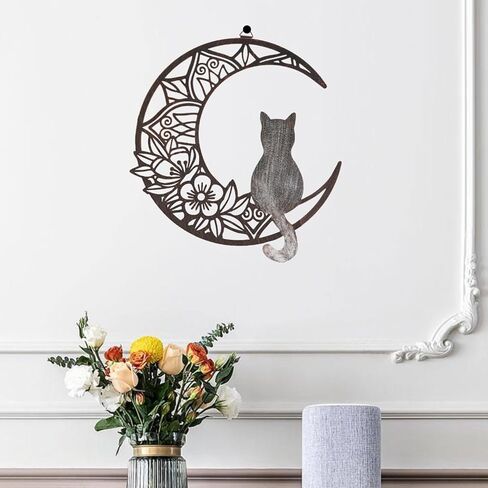 MOCLOGOS Cat And Moon Wall Decor Metal Cat On The Moon Wall Art Hanging Moon Phase Wall Pediments Cats Silhouette Sculpture for Living Room Home Decor Gift for Cats Lover in Saudi Arabia