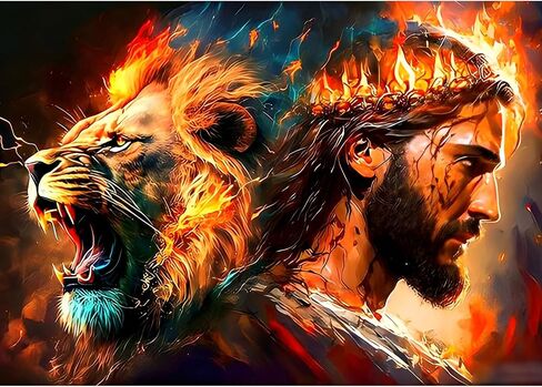 COMBYEO Lion Diamond Painting Kits for Adults, 5D DIY Jesus Diamond Art Kits, Full Round Drill Crystal Arts and Crafts, Flame Gem Art Painting Kit for Home Wall Decor(12x16inch) in Saudi Arabia