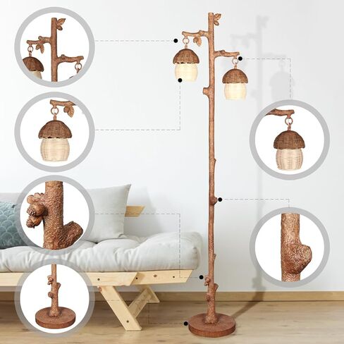 مصباح أرضي من الروطان بلمسة نهائية من الخشب الصناعي، ومصابيح أرضية بوهو مع كوز صنوبر صناعي وديكور بأوراق الشجر، بني in Kuwait