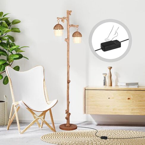 مصباح أرضي من الروطان بلمسة نهائية من الخشب الصناعي، ومصابيح أرضية بوهو مع كوز صنوبر صناعي وديكور بأوراق الشجر، بني in Kuwait