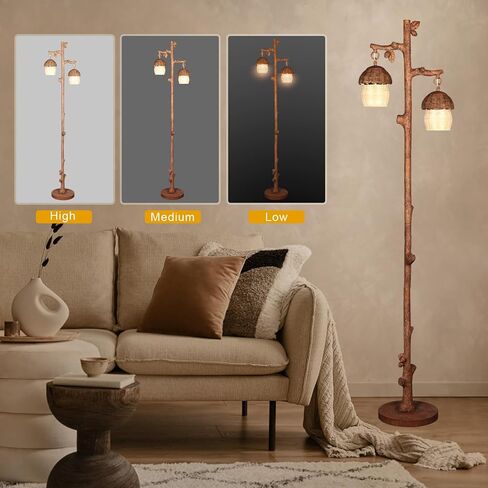 مصباح أرضي من الروطان بلمسة نهائية من الخشب الصناعي، ومصابيح أرضية بوهو مع كوز صنوبر صناعي وديكور بأوراق الشجر، بني in Kuwait